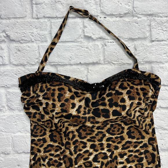 Newport News One Piece Swimsuit Size 14 Bandeau Leopard Sequin Halter - Picture 4 of 9